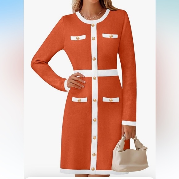 NWT Long Sleeve Bodycon Sweater Dress Crewneck Color Block Button Knit  Midi - Picture 1 of 8